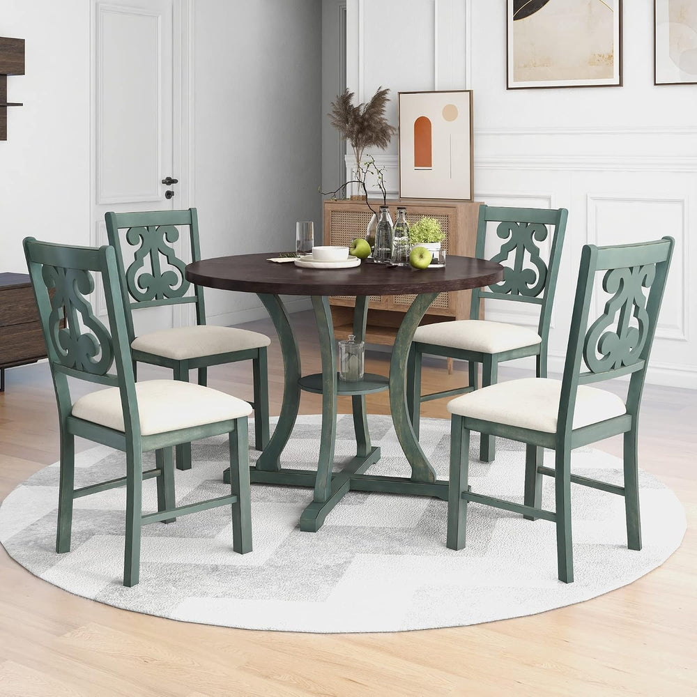 Harper & Bright Designs 5-Piece Round Table Set with Shelf, Wooden Family...