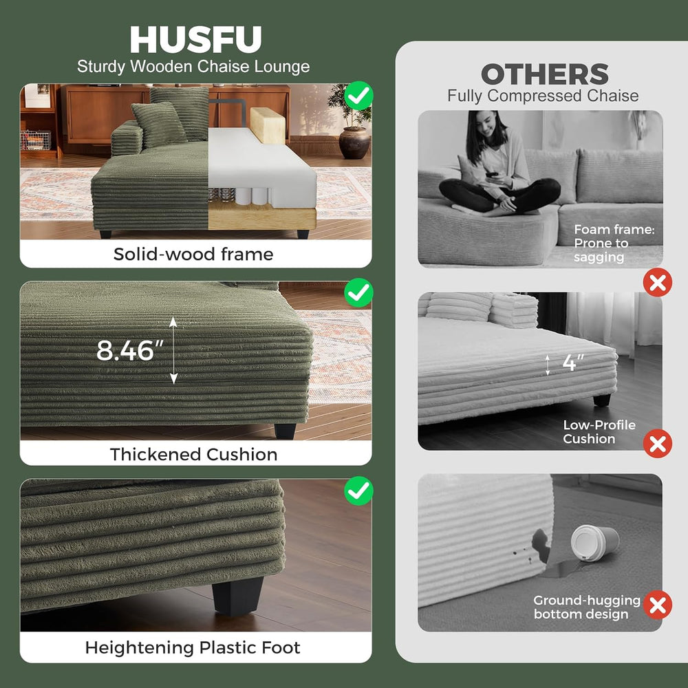 60" Oversized Chaise Lounge Chair with Wood Frame, USB Charging Port, Green