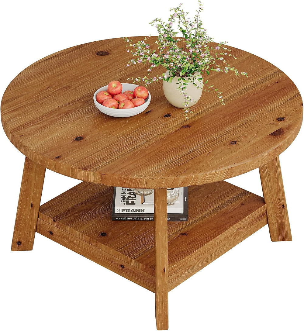 Solid Wood Round Coffee Table for Living Room, 31.5” Farmhouse Wooden 2-Tier ...