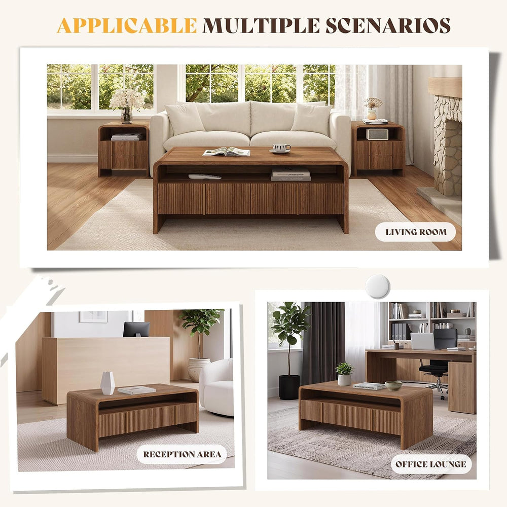 AMERLIFE Fluted Coffee Table with Storage & Rounded Edges
