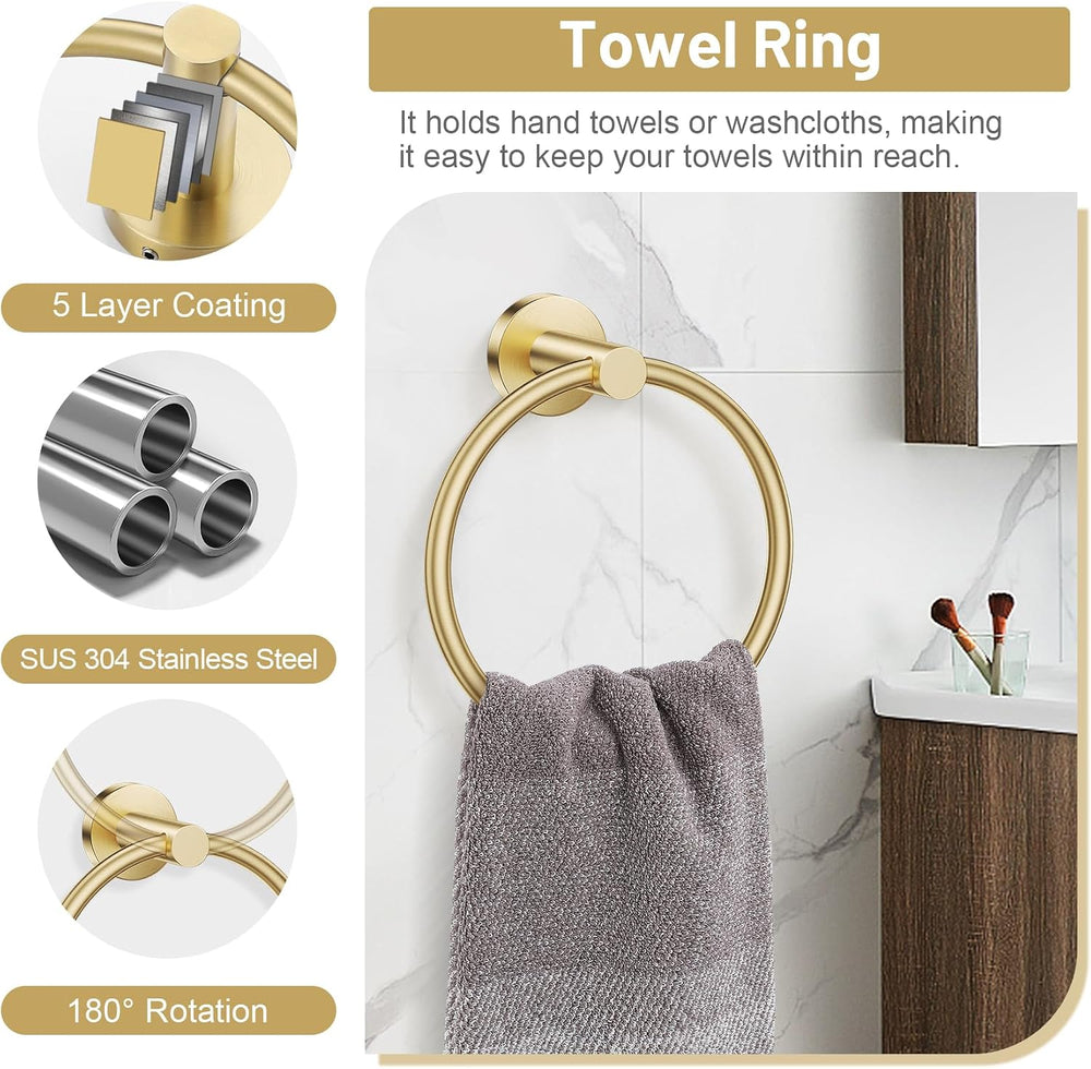 Brushed Gold Bathroom Hardware Set, Toilet Paper Holder, Towel Ring & Hooks