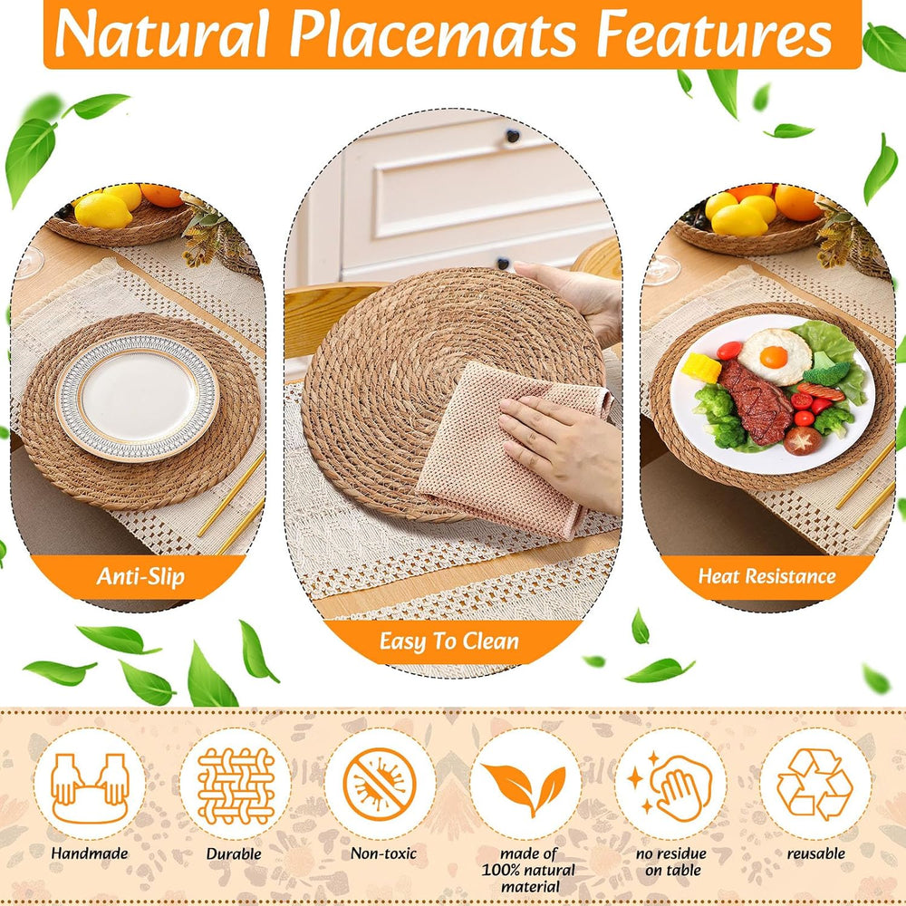 12 Sets Boho Table Runner and Woven Round Placemats Set, White, 12x72