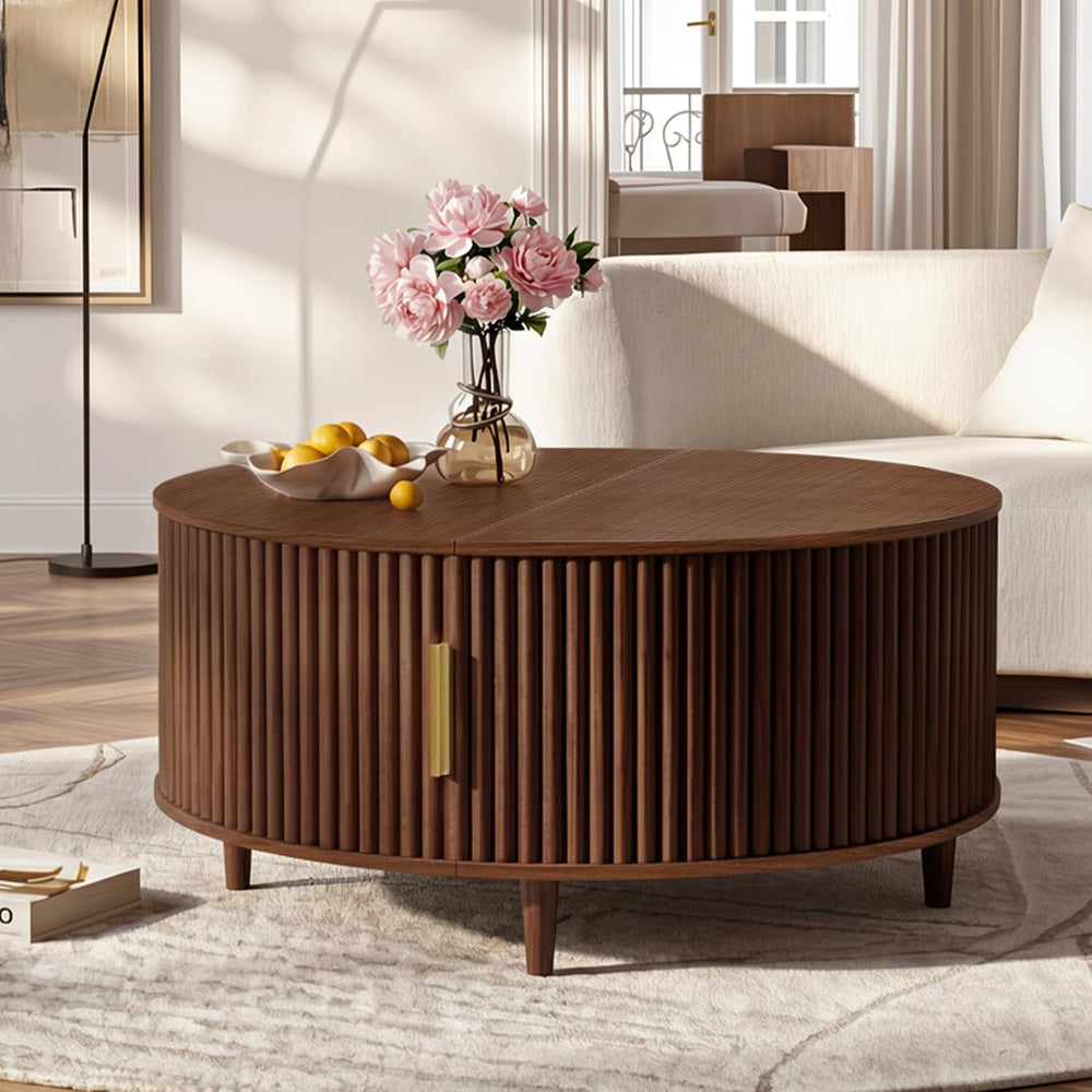 WLIVE 31.5" Round Coffee Table with Storage, Walnut Brown