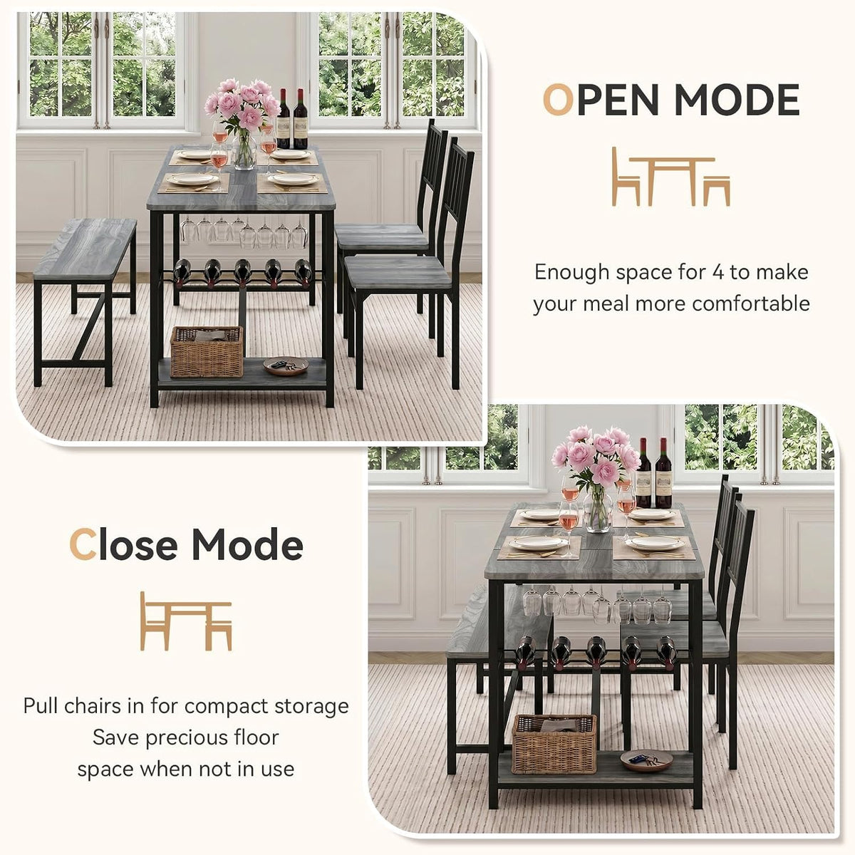 4 EVER WINNER 55-Inch Dining Table Set for 4 with Bench, Wine Rack, Grey | 4-Piece Kitchen Table Set with 2 Chairs, Bench, Stemware Holder and Storage Shelves for Small Spaces and Apartments