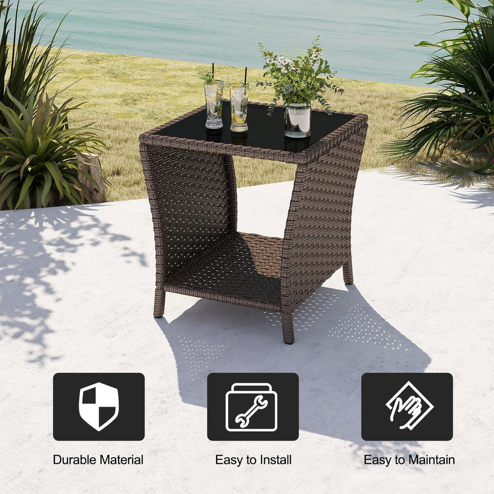 kinbor Set of 2 Outdoor Wicker Side Table, Glass Top & Storage Shelf, Brown