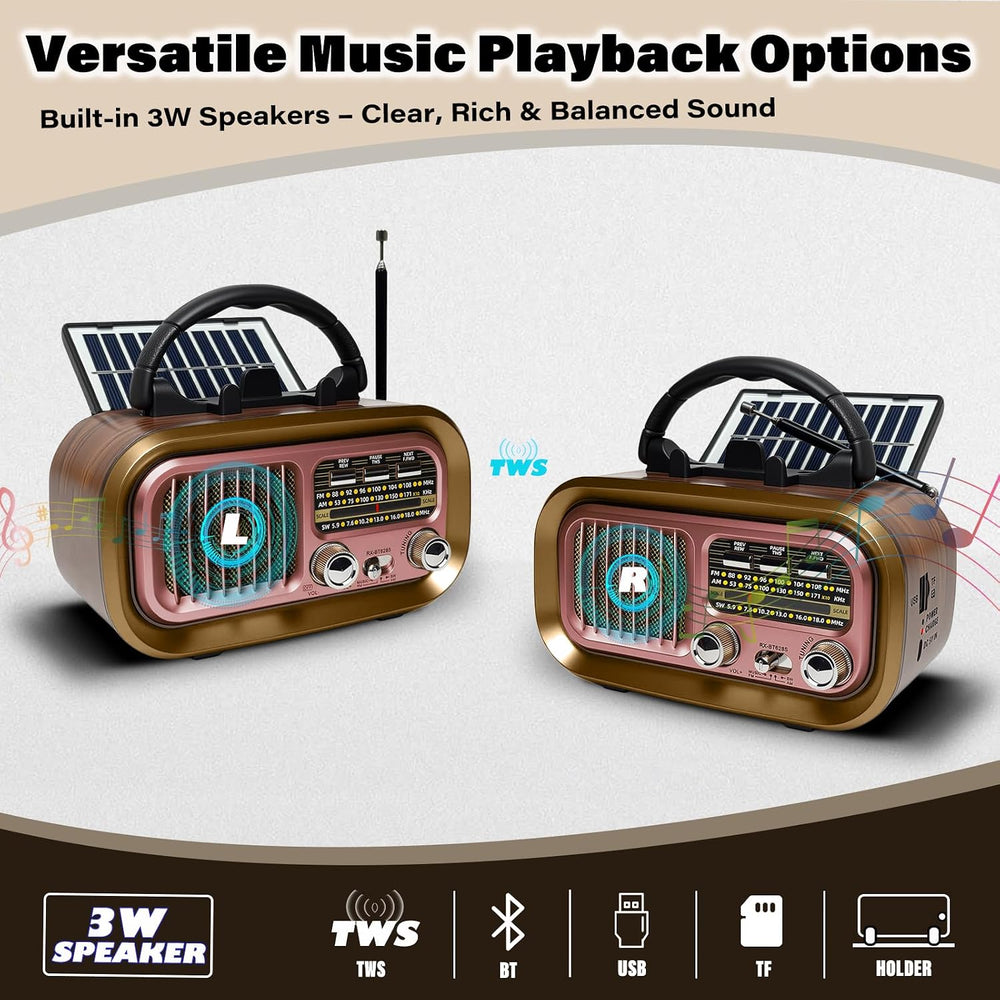 Portable AM FM SW Radio with Bluetooth, Retro Radio with Solar Panel
