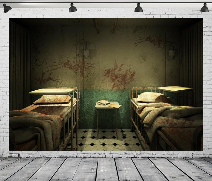 Creepy Hospital Ward Room Backdrop Fabric 10x8ft Horror Bloody Walls Blood Bed Mental Hospital Background Zombie Halloween Decorations Murder Theme Party Photoshoot Booth Props