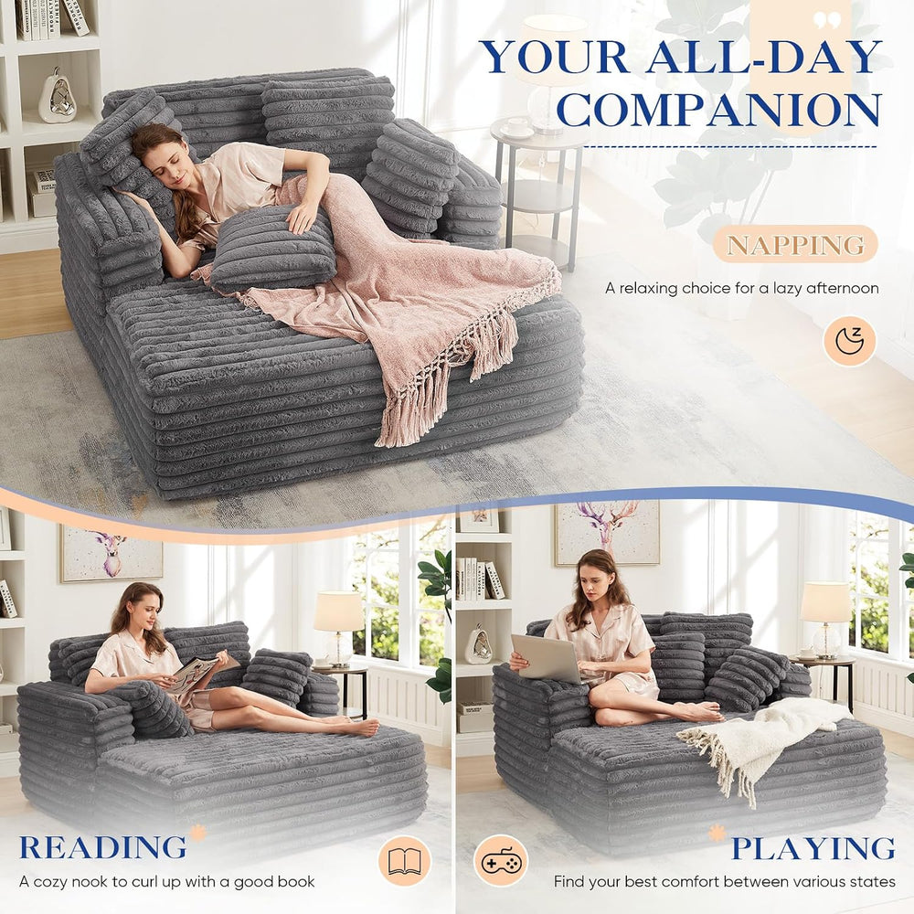 Oversized Chaise Lounge Indoor, Modern Plush Faux Fur Fabric Deep Seat Bonele...