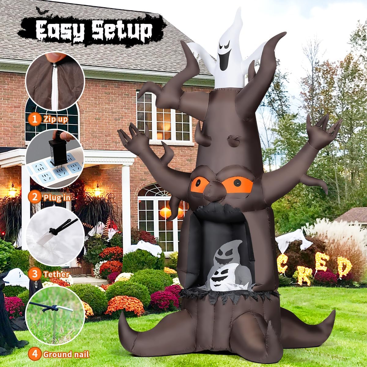 GOOSH 9 FT Halloween Inflatable Animated Dead Tree Outdoor Decorations Blow Up Yard Scary Tree And White Ghost With Built-In LEDs For Outdoor Garden Lawn Party Decor