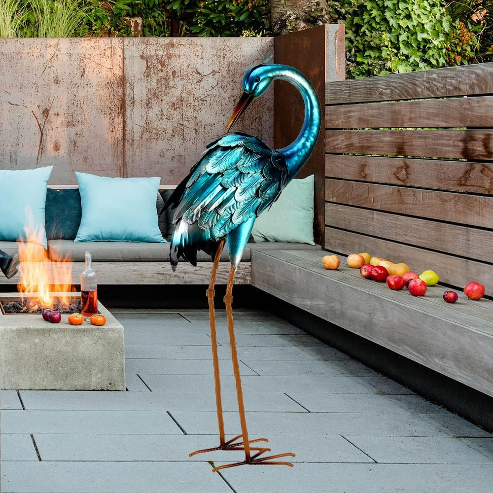 chisheen Crane Garden Statues, Metal Garden Crane Outdoor, Blue Heron Sculptu...
