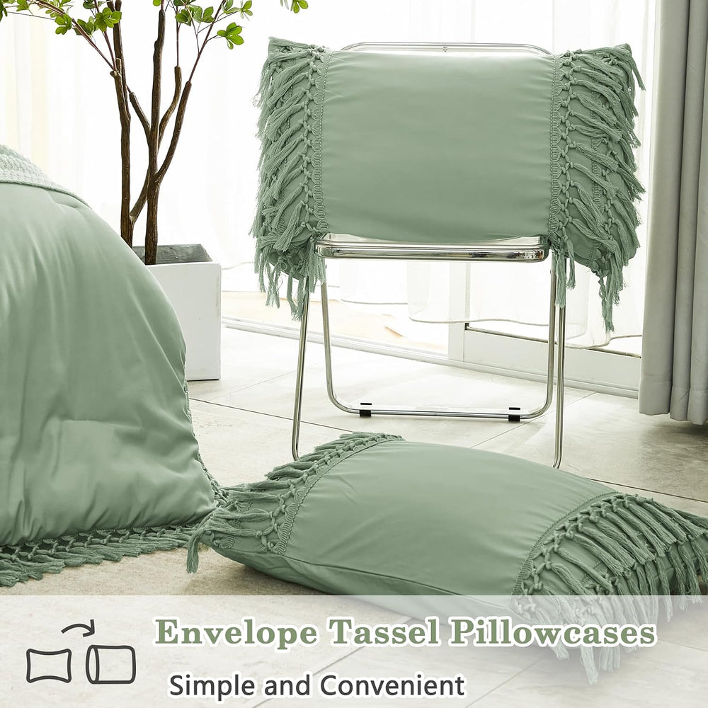 Andency Sage Green Comforter Set King, 3 Pieces Boho Tassel Bedding