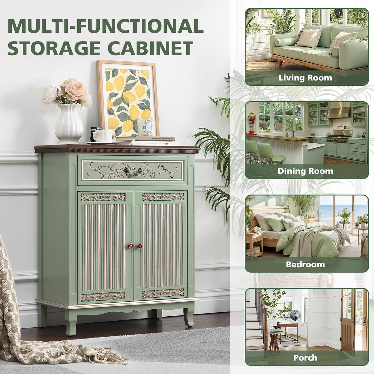 Ahokua Sage Green Accent Cabinet with Drawer and Textured Doors, Farmhouse Storage Cabinet with Adjustable Shelf, French Country Entryway Cabinet for Living Room, Hallway and Dining Room