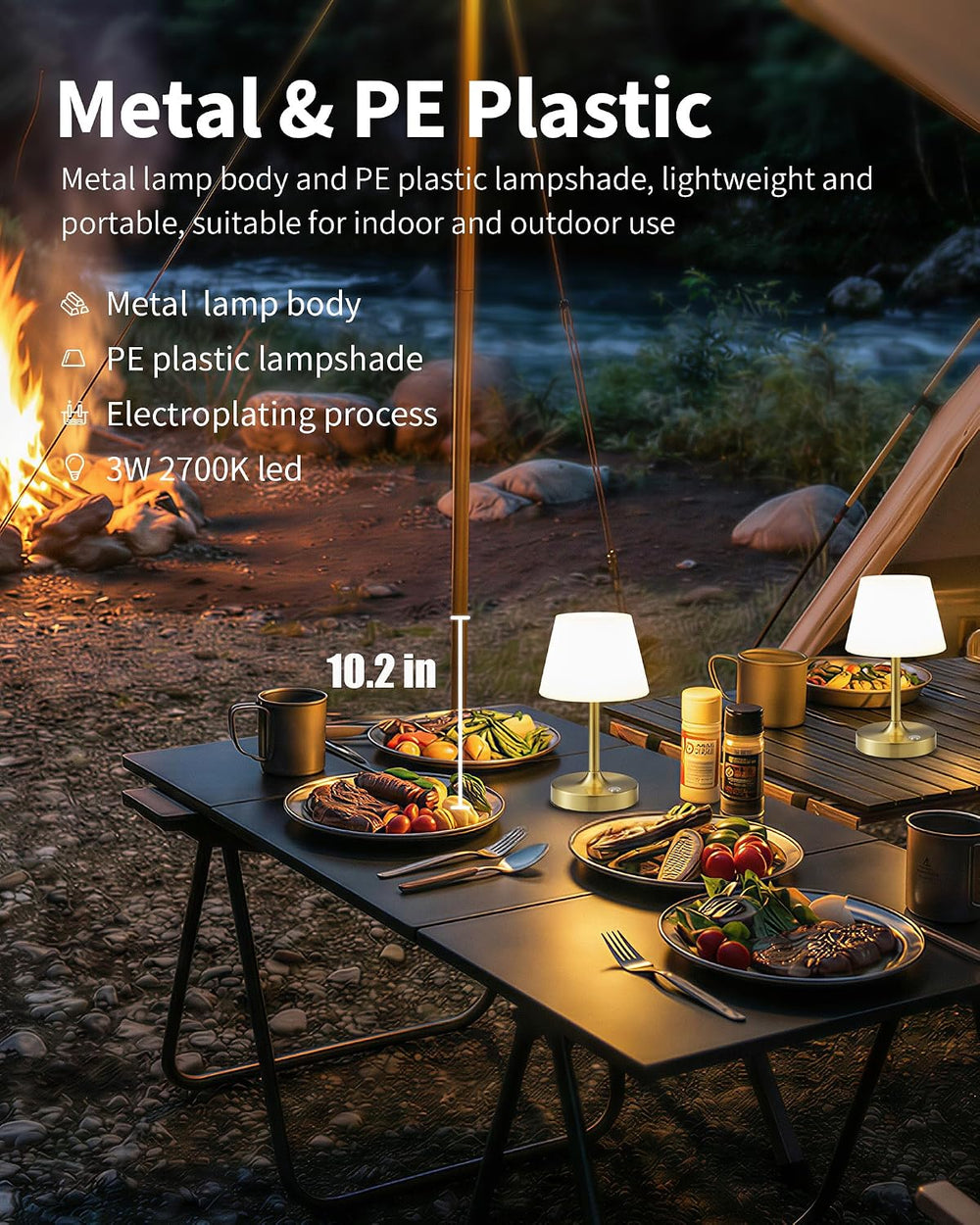 PUSU Cordless LED Gold Small Table Lamp, Waterproof Shower Desk lamp
