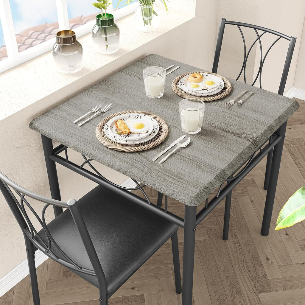 GAOMON Dining Table Set for 2, Kitchen Table and Chairs for 2, Dining Room Table Set with 2 Upholstered Chairs, Square Kitchen Table Set for Small Space, Apartment, Studio, Rustic Gray