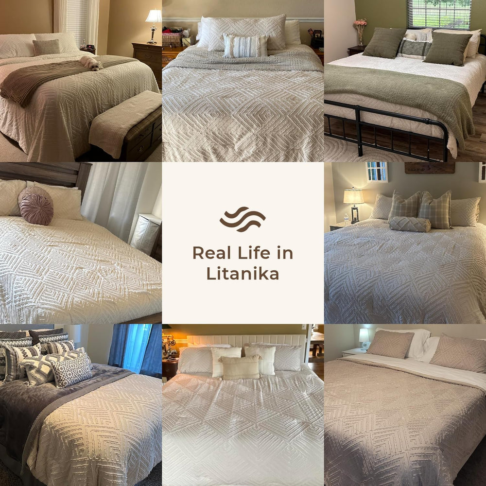 Litanika California King Comforter Set, 3 Pcs Beige Tufted Boho Bedding Set