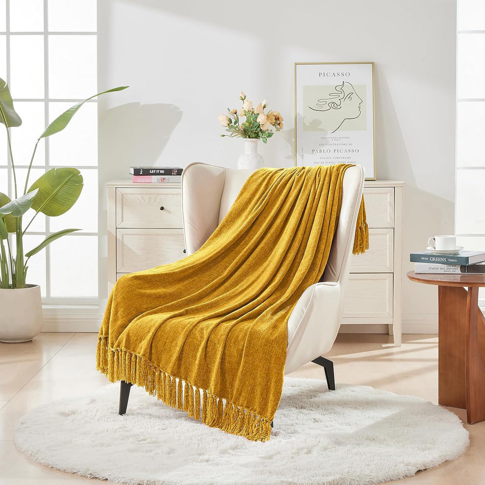 CozeCube Chenille Throw Blanket, Harvest Gold Fringe Blanket, 50"X60"