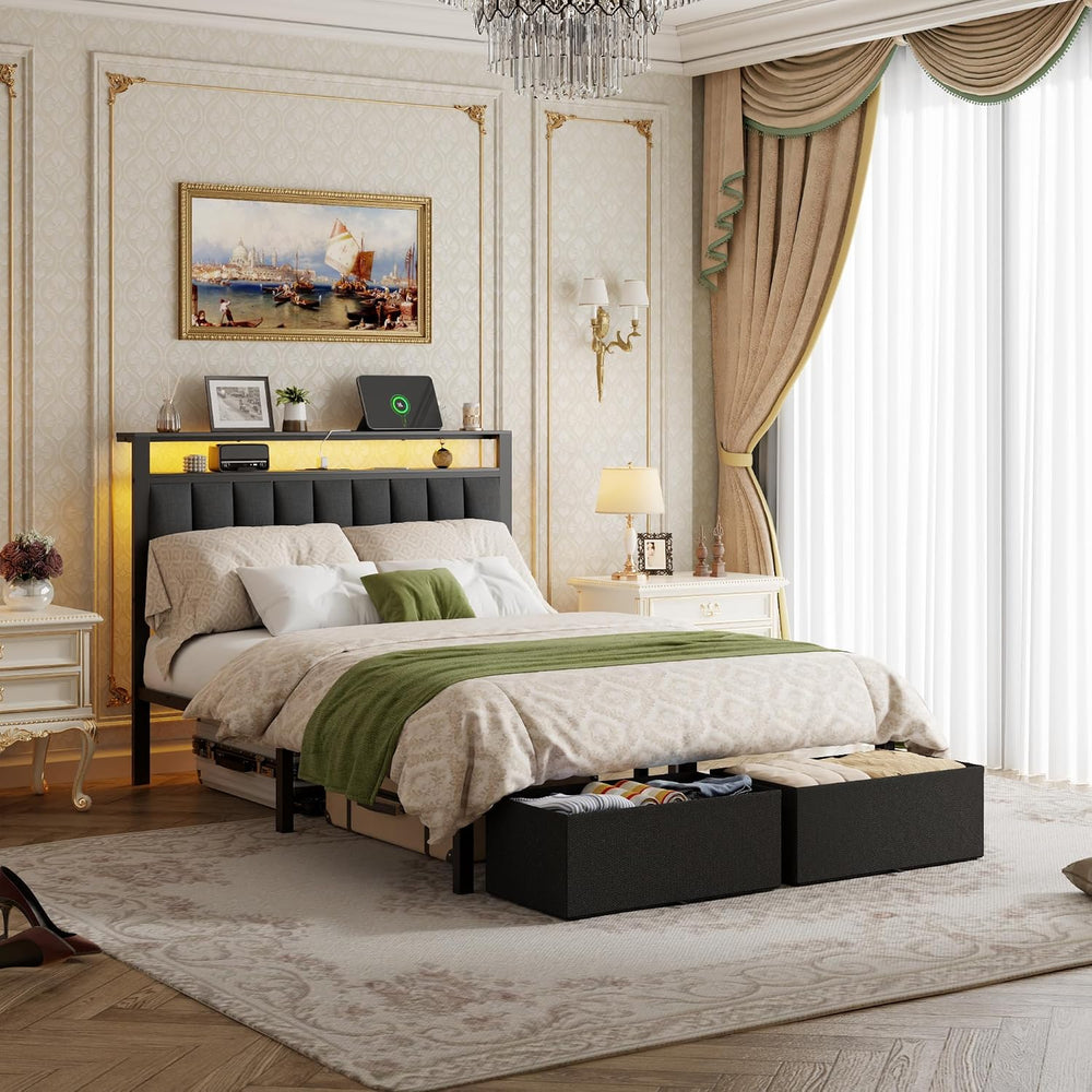Furnulem Full Size Bed Frame with Storage Drawers and Upholstered Headboard