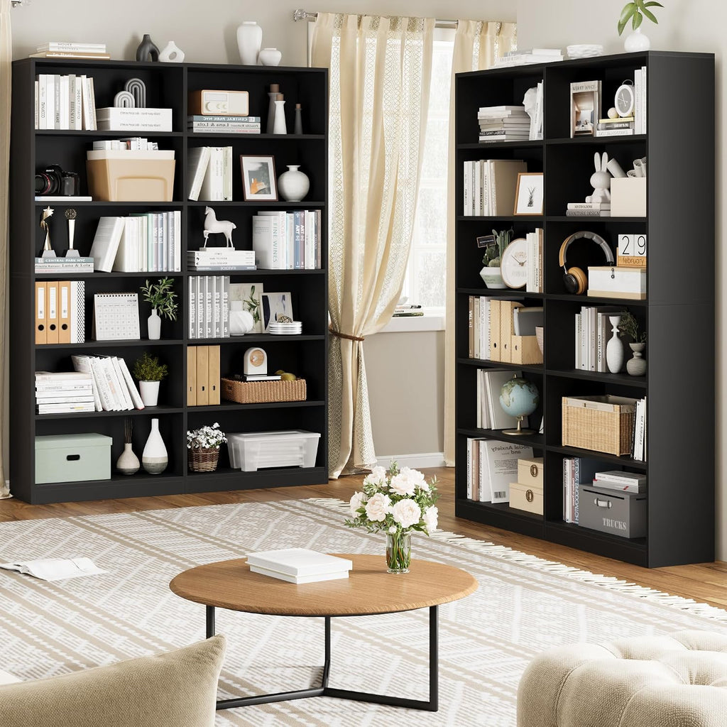 facbotall bookshelf tall bookcase, 6-tier double wide bookshelves, side view