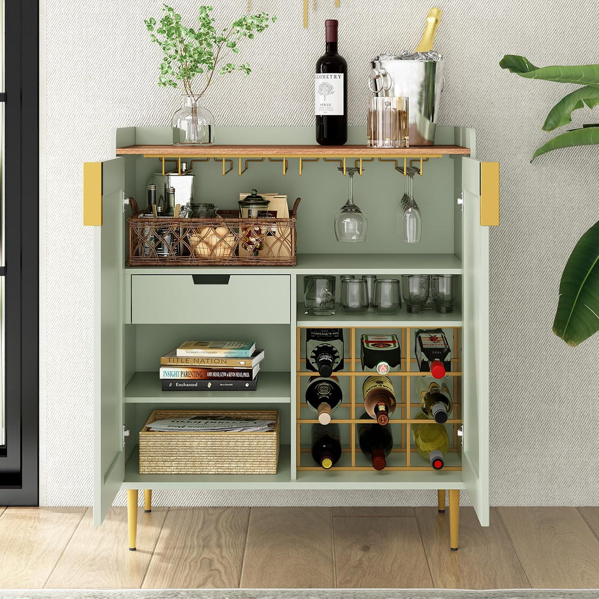 ARTPOWER Coffee Bar Cabinet with Wine Rack&Glass Holder, Sage Green