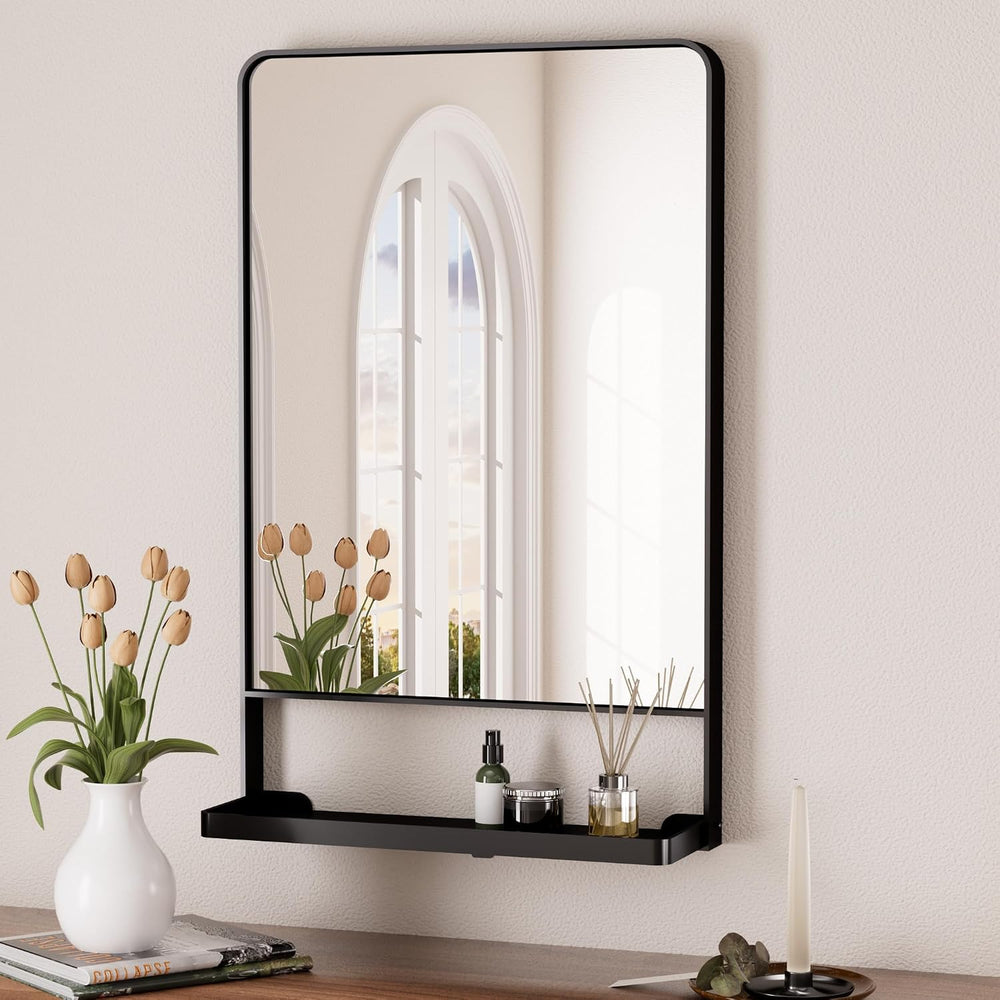 Keonjinn 18 x 28 Inch Black Bathroom Mirror with Shelf, Rust-Resistant