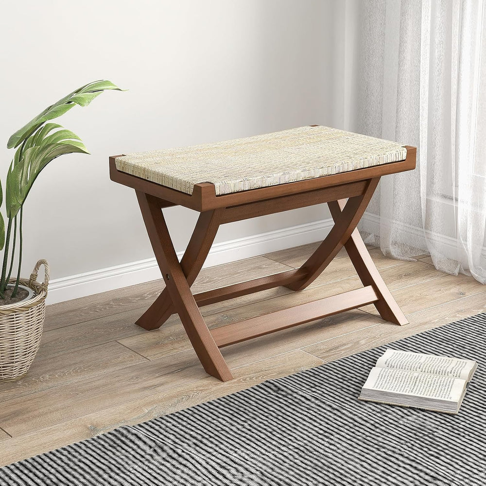 Tangkula Folding Natural Rattan Ottoman, Saddle Footrest Stool with Hand-Wove...
