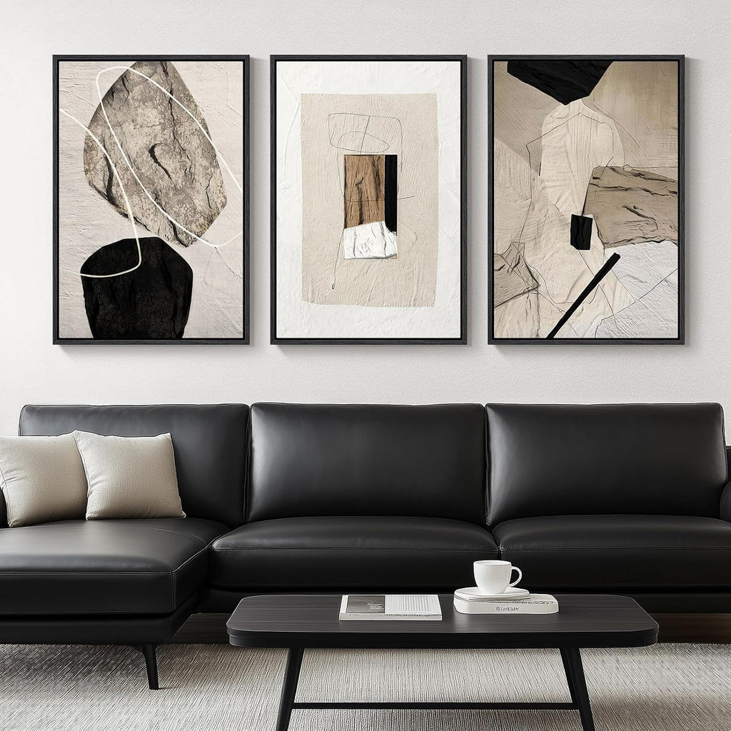 Large Framed Neutral Abstract Wall Art for Living Room,Set of 3, 24x36 In