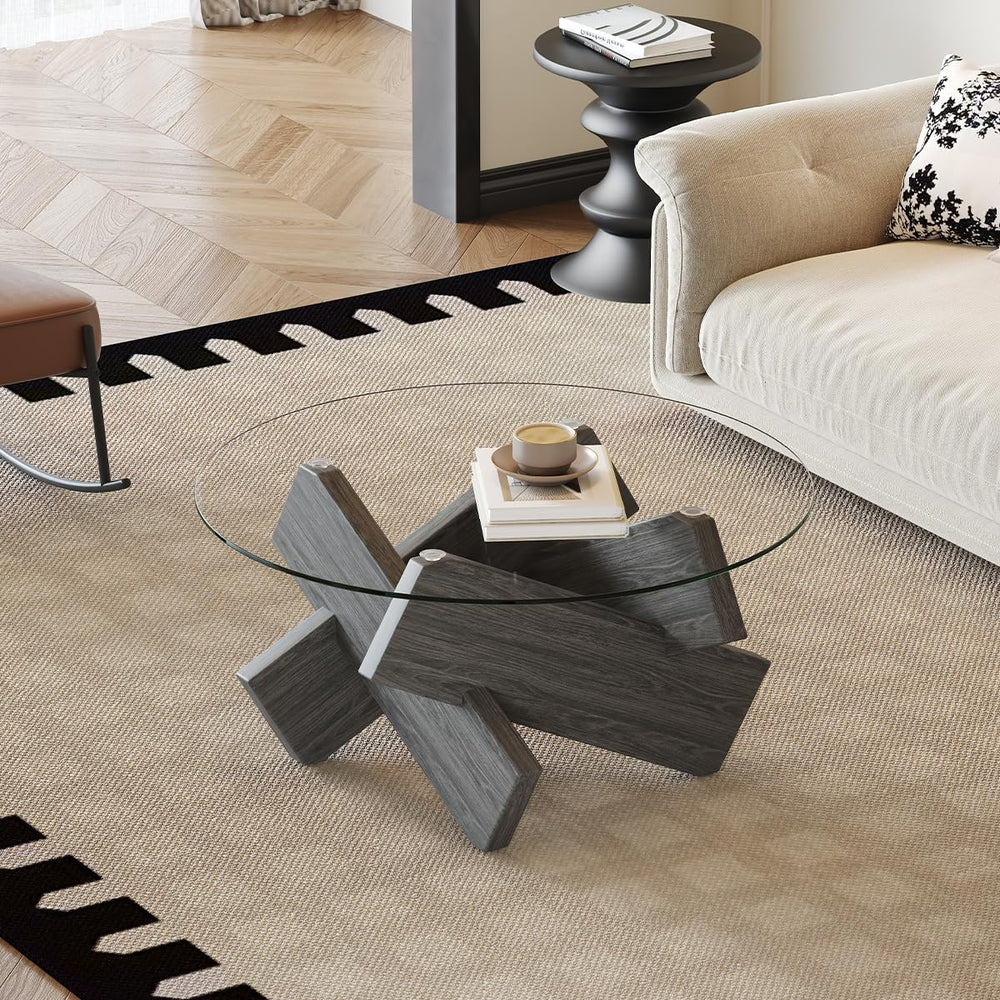 Gray Round Glass Coffee Table,33" Round Coffee Tables for Living Room Cl...