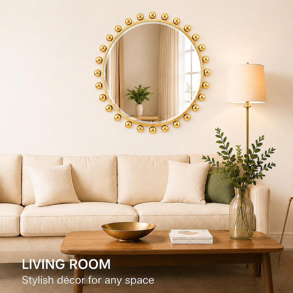 30 Inch Round Wall Mirror, Antique Gold Ball Frame, Beveled Glass