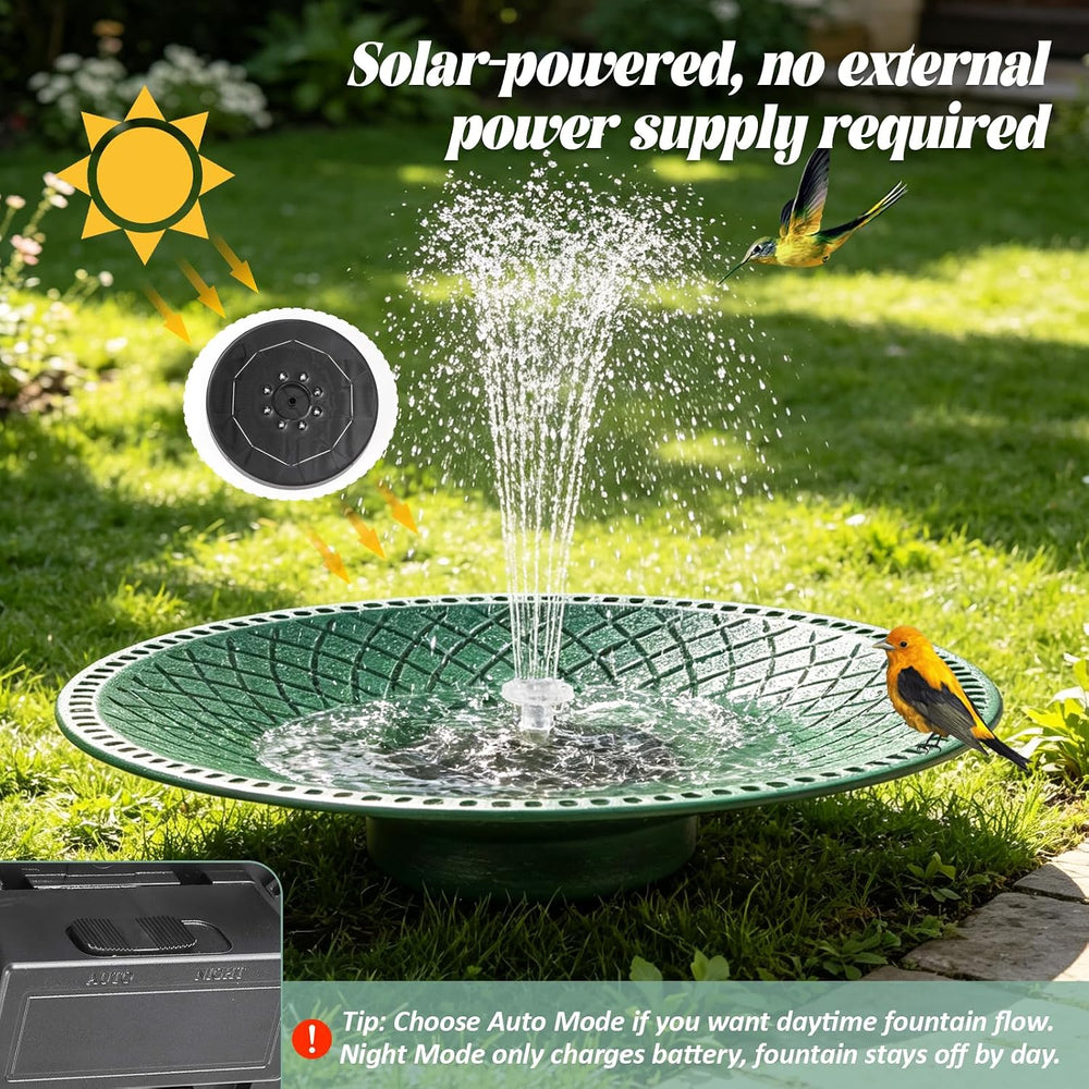 19.6" Metal Bird Bath with Solar Fountain, LED & Battery Large Birdbath