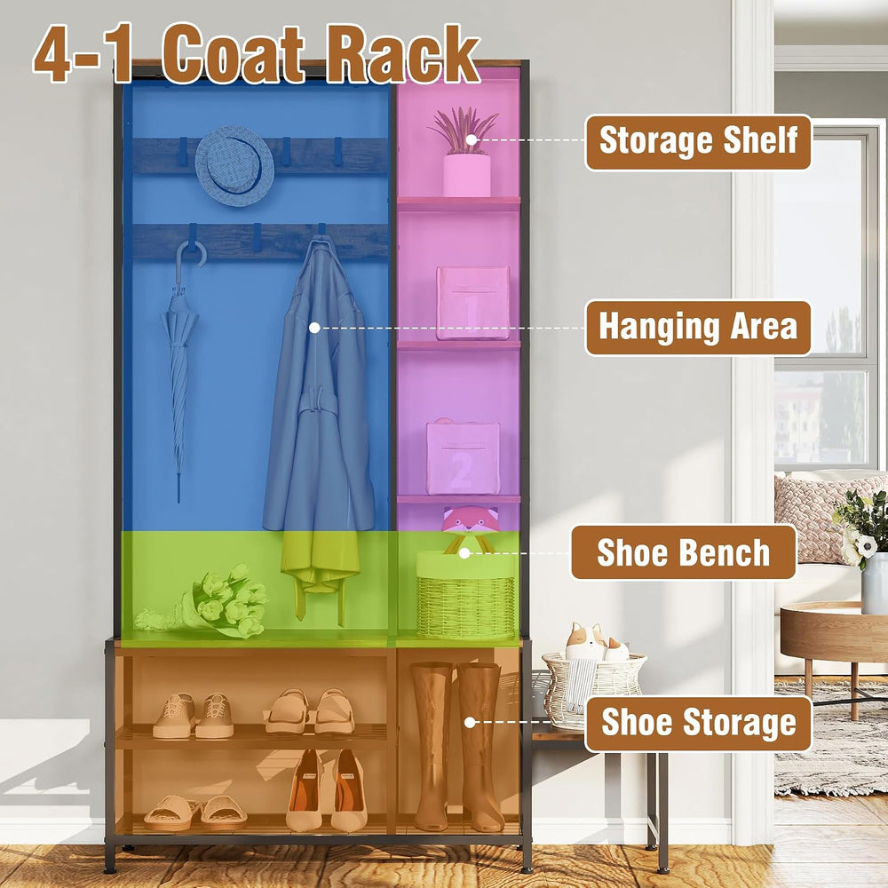 Hall Tree with Shoe Storage Bench, Coat Rack with 7 Hooks & Shelves