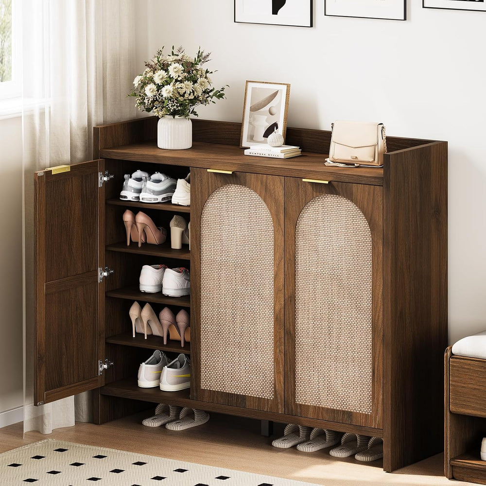 Shoe Cabinet Storage for Entryway - Rattan Accent Cabinet with 3 Doors & ...