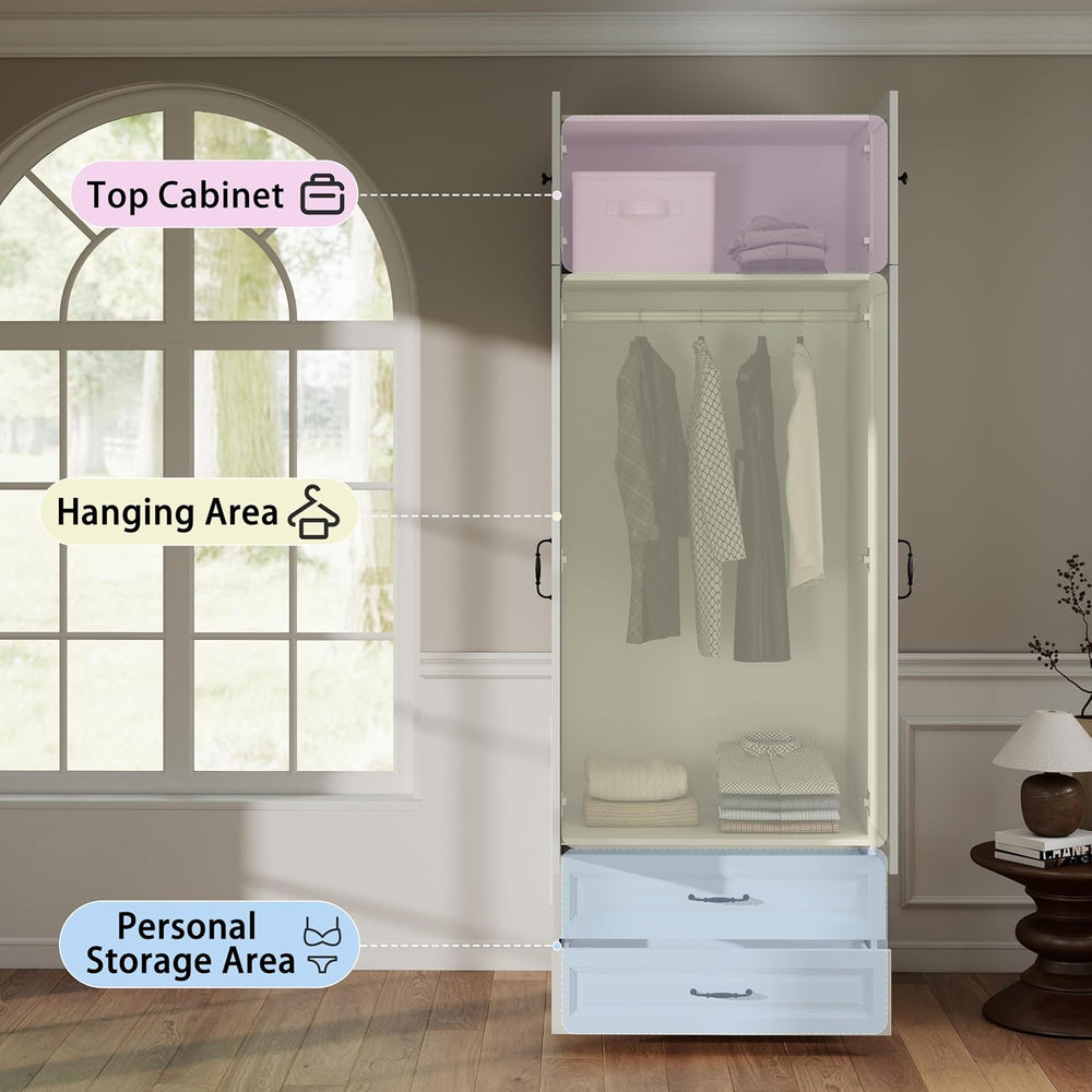 White Armoires Wardrobe Closet with 2 Drawers and 2 Doors: 88" H