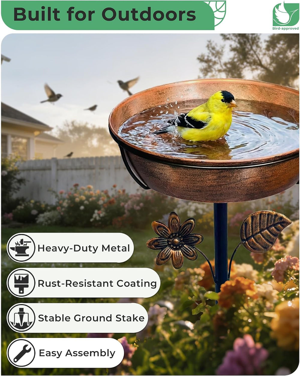 12" Metal Bird Bath for Outside, 3" Deep Bowl with 5-Prong Stake