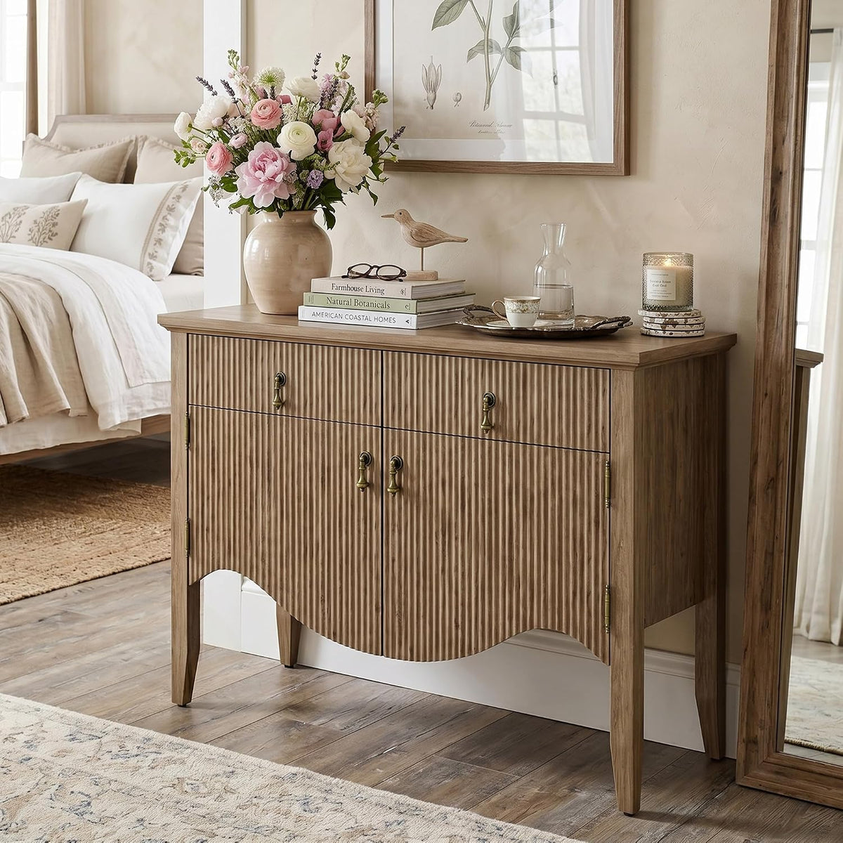 fusunbao 40" fluted buffet storage cabinet, sideboard credenza,light showing dimensions