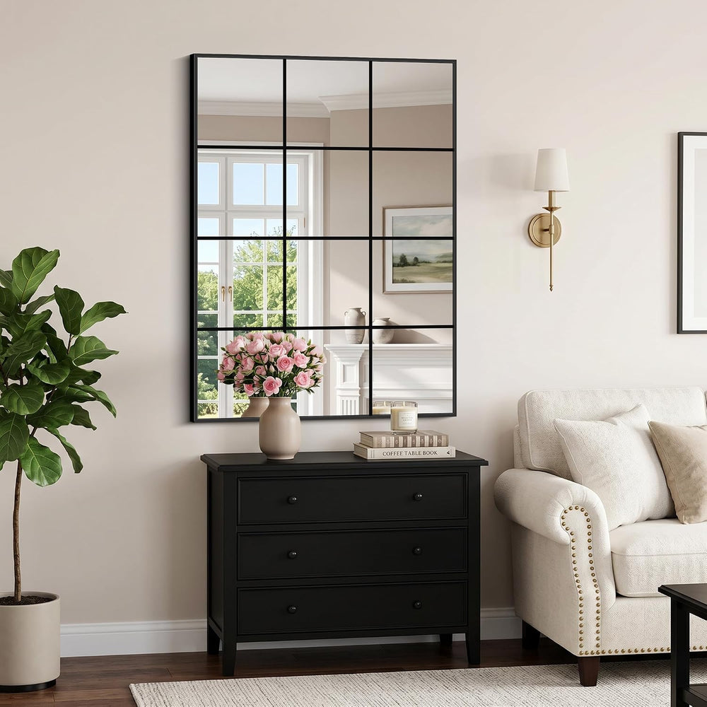 YIROMAN Window Pane Mirror, 48x35 Inch Black Rectangular Wall Mirror