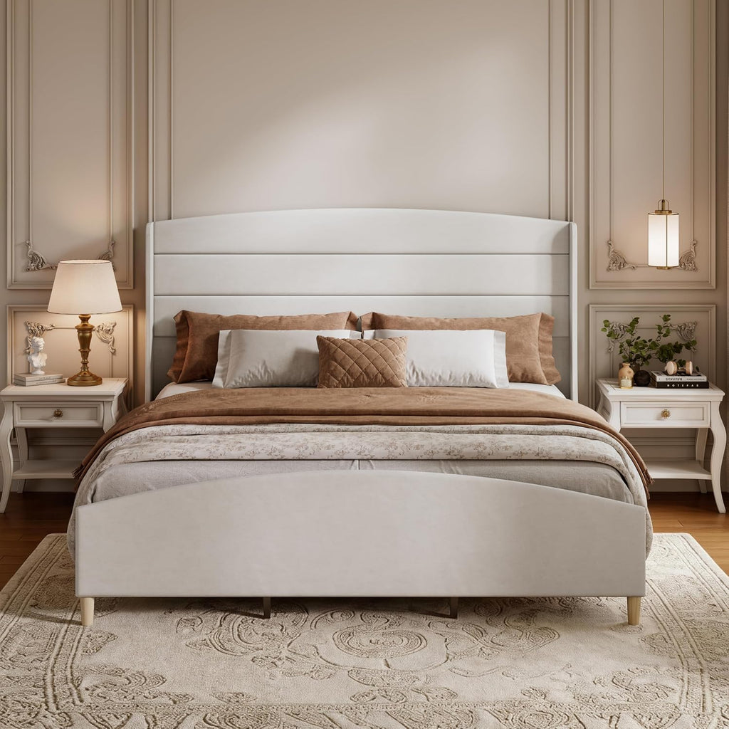 King Size Bed Frame,Upholstered Platform Bed,Wingback Headboard