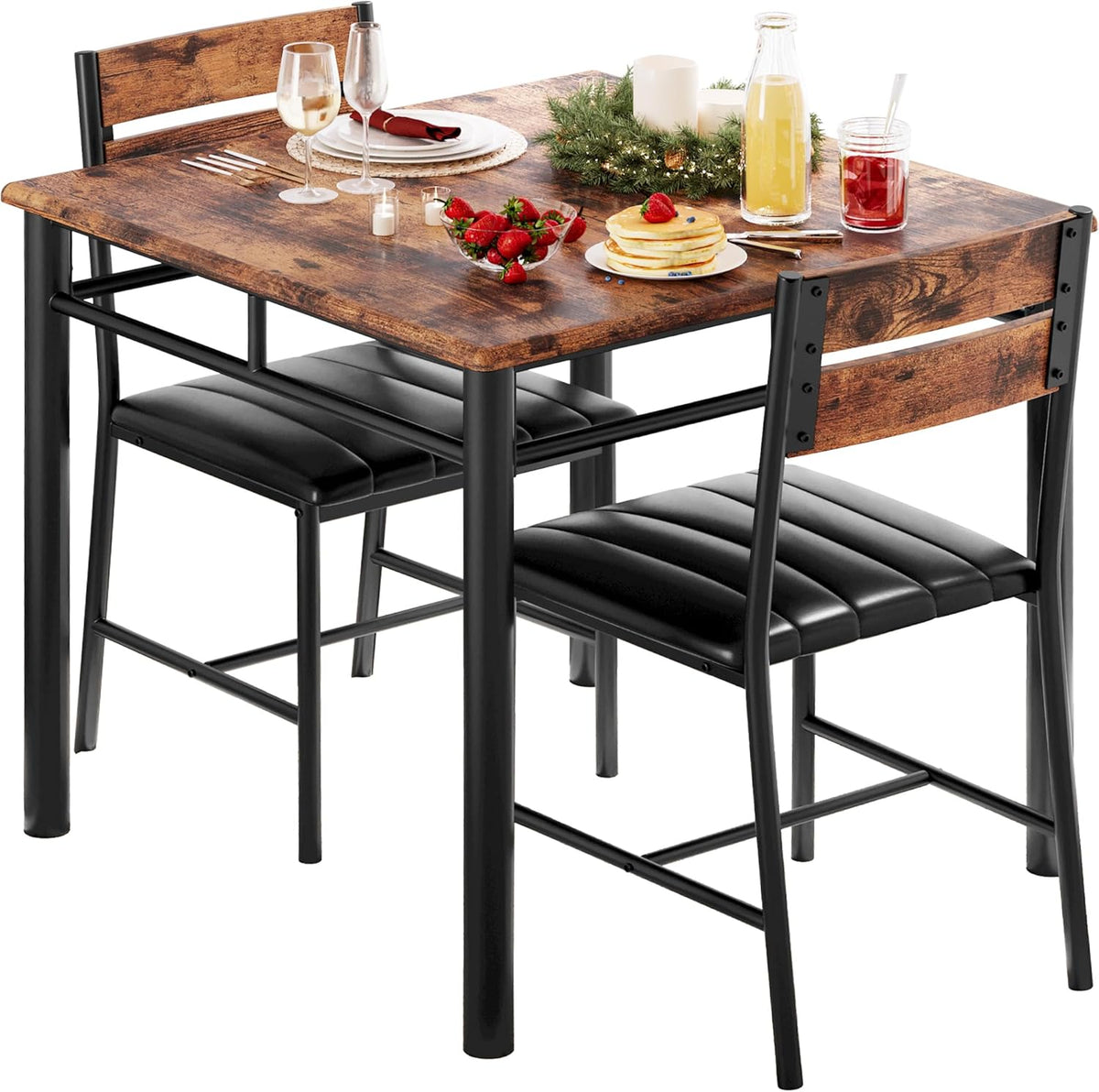 IRONCK Dining Table Set for 2, Rustic Brown | Small Kitchen Table with Upholstered Chairs, Compact Dining Set for Small Spaces, Kitchen & Dining Room