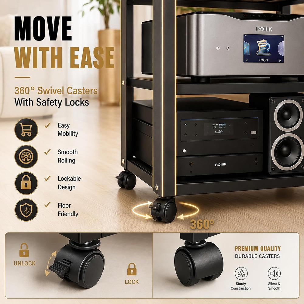 5 Tier Av Media Stand with Wheels, 39in Adjustable Audio Rack