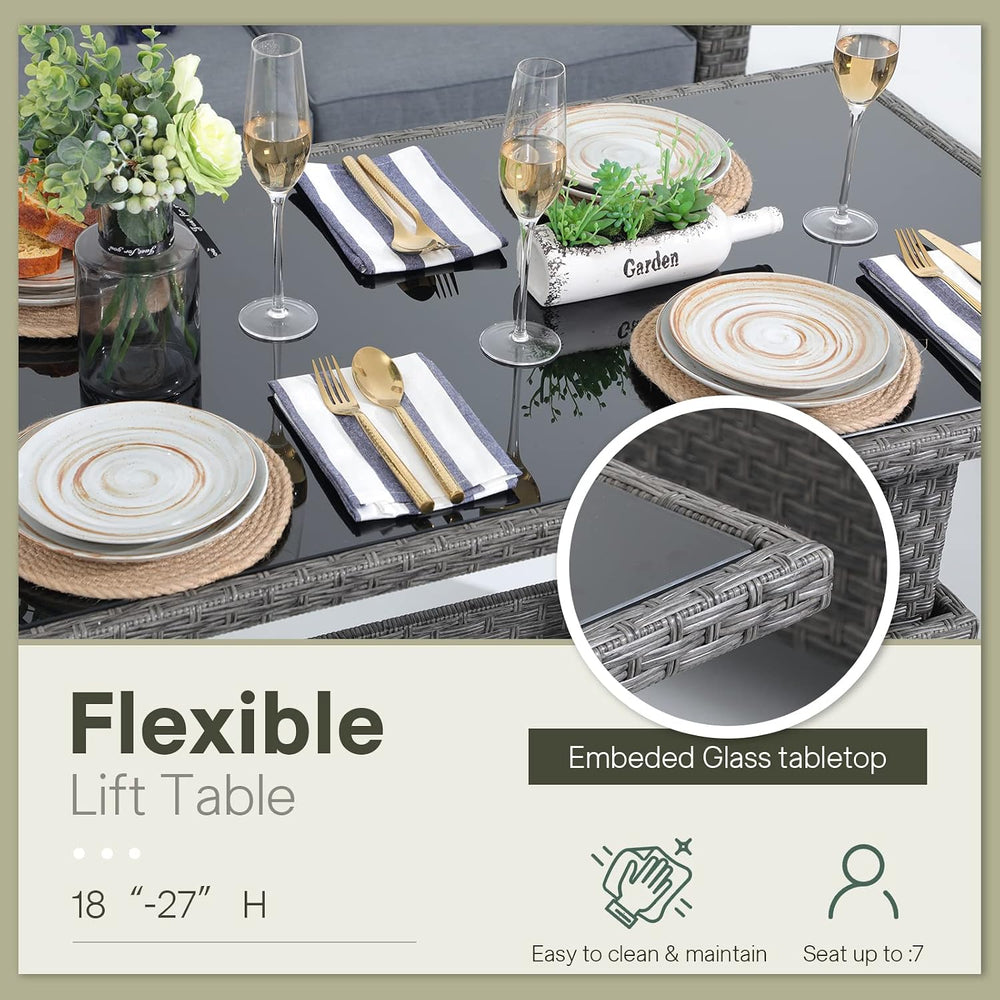 SUNSITT Outdoor Patio Lift Top Table Adjustable Height Wicker Dining Table