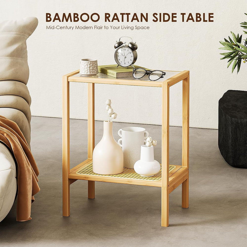 Bamworld Side Table Nature Rattan End Table 2-Tier with Storage Boho