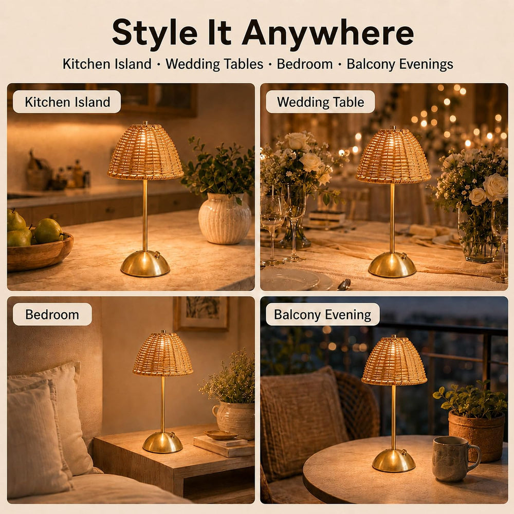 2 Pack Boho Rattan Table Lamp, Cordless Rechargeable Reading Night Light