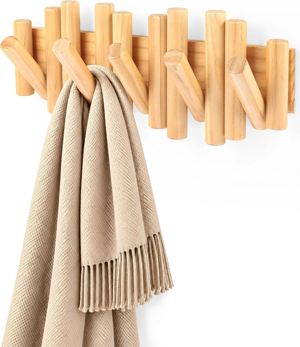 Folding Wall Coat Rack, 5 Flip-Down Wood Hooks for Entryway, Natural