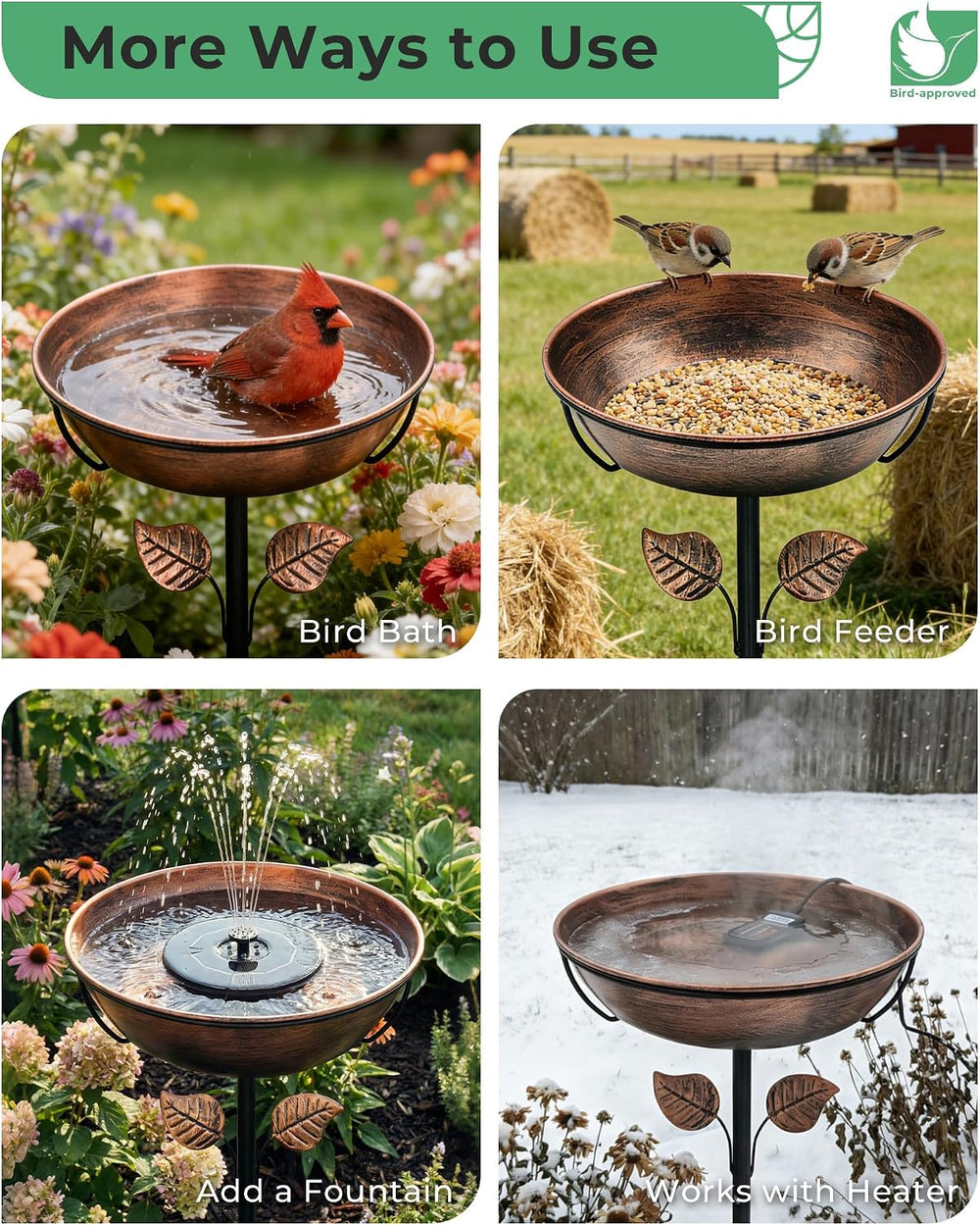 13" Metal Bird Bath for Outside 3" Deep Removable Bowl with Stake