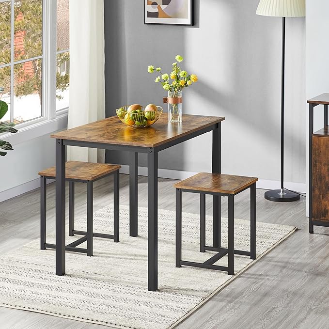 Yaheetech Industrial Dining Kitchen Table Set for 2 Breakfast Nook Table w/ 2 Stools for Dining Room Kitchen Small Space, Rustic Brown (3 Piece)