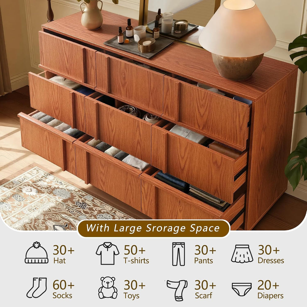 9 Drawer Dresser and Nightstand Set 3 Piece, Mid Century Modern Dresser and N...