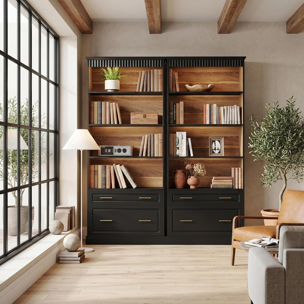 LITTLE TREE 72" Tall Black Bookcase, 5-Tier Office Bookself with File Ca...