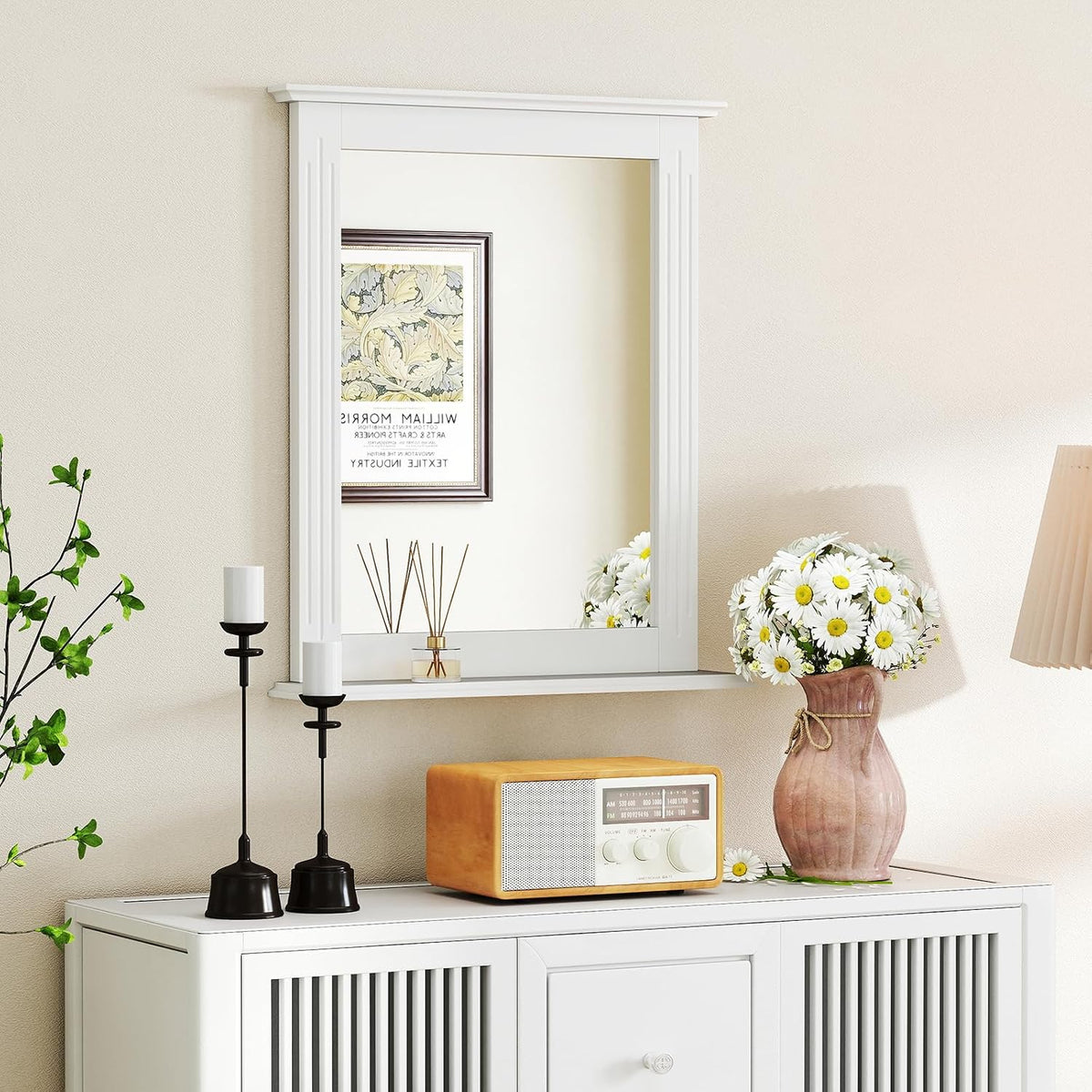 CHARMAID Bathroom Mirror with Shelf - 27" x 22.5" Wall Mirror Over Bathroom Sink, Wooden Frame Modern Rectangular Hanging Vanity Makeup Mirrors for Washroom, Entryway (White,27" L x 22.5" W)