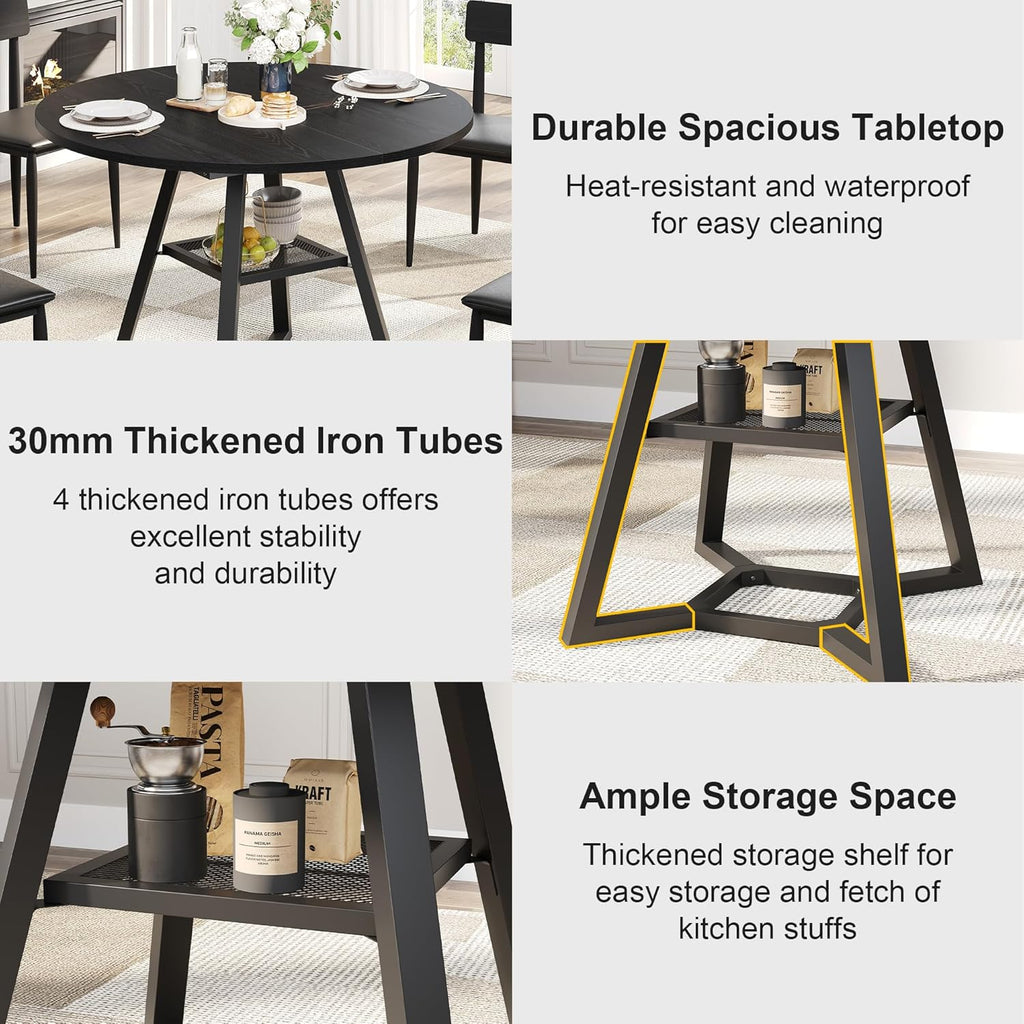 knoworld Round Dining Table for 4, Kitchen Tables Dining Room Circle Dinner Table with Pedestal Metal Frame, Space Saving Wood Industrial Kitchen & Dining Room Tables (Black, 43In)
