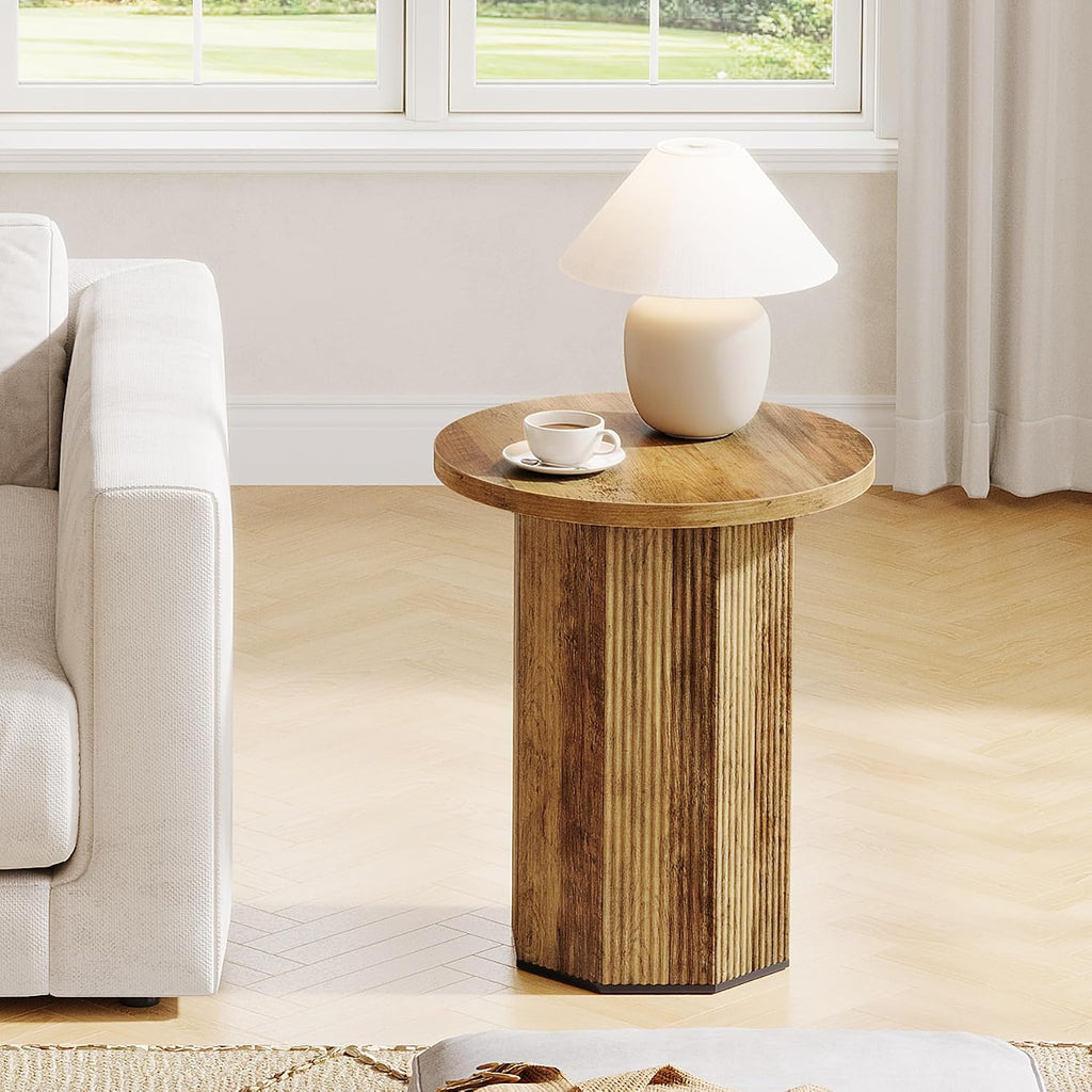 Tribesigns Round End Table, Farmhouse Fluted Side Table with Pedestal Base, Wooden Nightstand Accent Furniture for Living Room, Small Space, Bedroom (Brown)