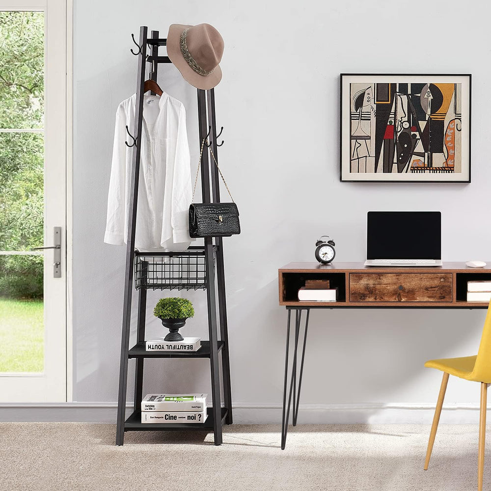 VECELO Coat Rack Freestanding,Hall Tree with Metal Basket and Storage Shelves...